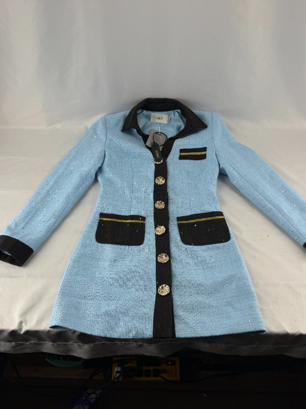 Oyrosy Blue Tweed Glitter Long Blazer Jacket Gold Buttons Size XS New
